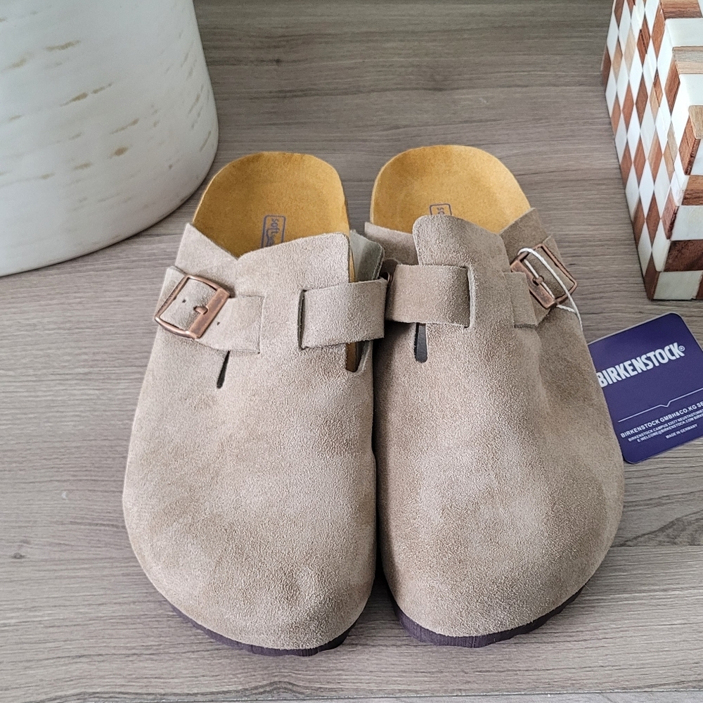Birkenstock Taupe Suede Boston Clogs with Gold Buckles